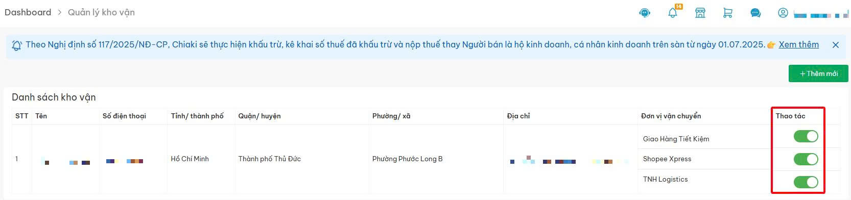 Thiết lập Đơn vị vận chuyển cho từng địa chỉ kho 1