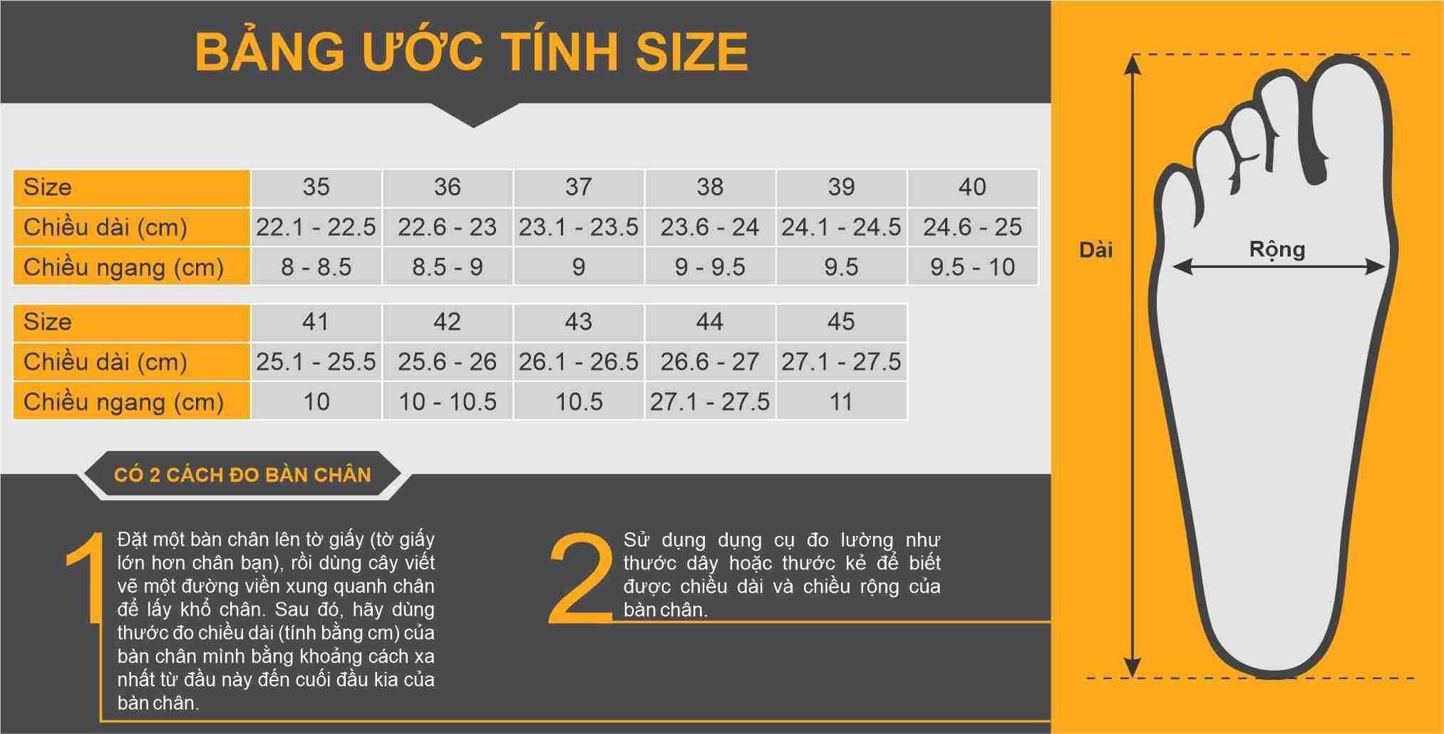 Bảng quy đổi kích cỡ