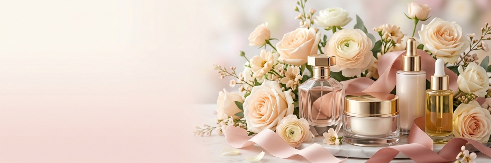 Bình mỹ phẩm và hoa hồng tông hồng kem chào mừng Ngày Phụ nữ Việt Nam 20/10