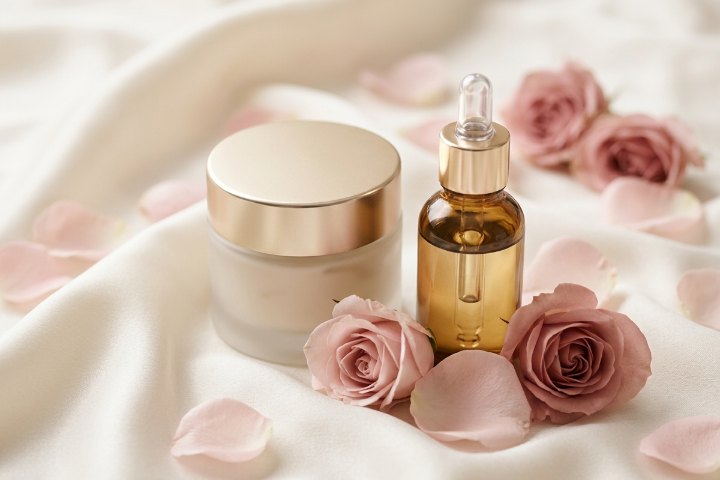 Hũ kem dưỡng và lọ serum bên cánh hoa hồng