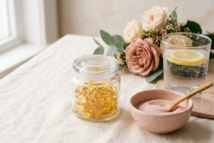 Lọ viên nang và bột collagen bên ly nước chanh