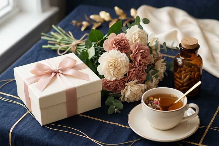 Hộp quà thắt nơ, tách trà và hoa cẩm chướng tặng mẹ