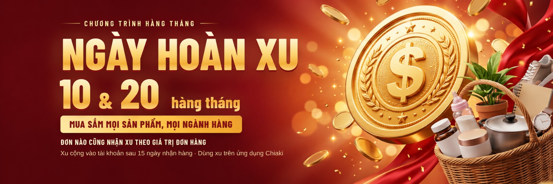 Đồng xu vàng rơi vào giỏ hàng đầy sản phẩm, chương trình hoàn xu ngày 10 và 20 hằng tháng