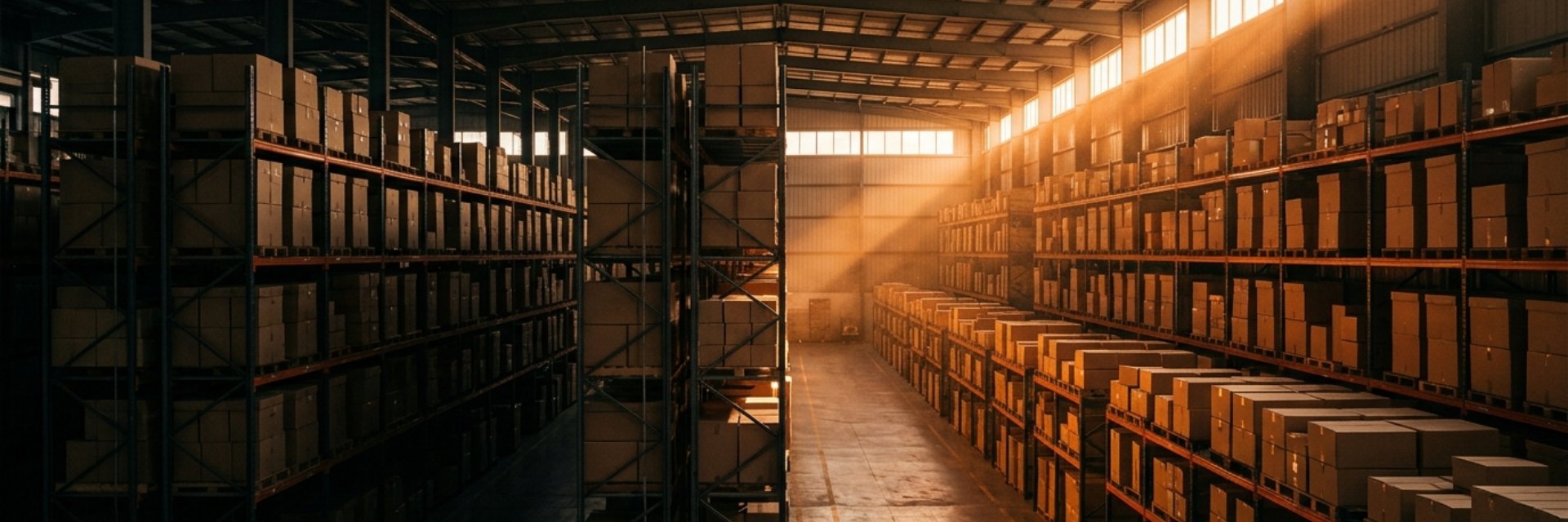 Lối đi giữa các kệ hàng chất đầy thùng carton trong nhà kho, nắng chiều rọi qua cửa sổ