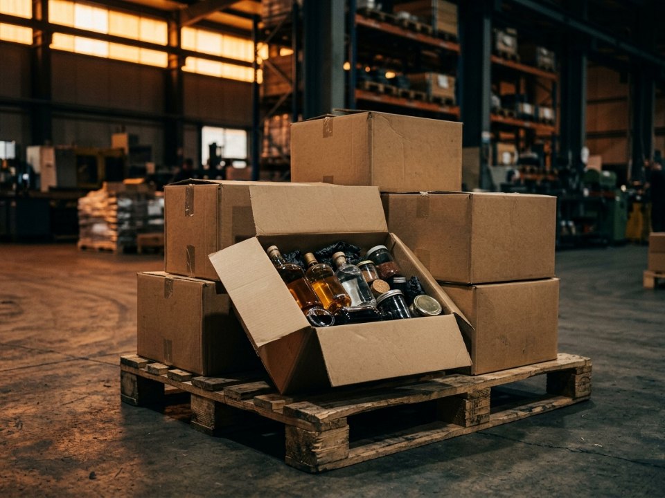 Pallet gỗ chất thùng carton, một thùng mở nắp đầy lọ và chai sản phẩm