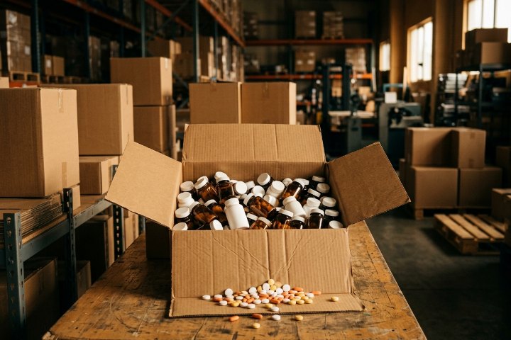 Thùng carton mở nắp đựng lọ vitamin trên bàn trong kho