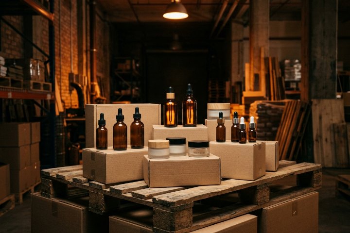 Chai lọ mỹ phẩm trên pallet hàng trong kho