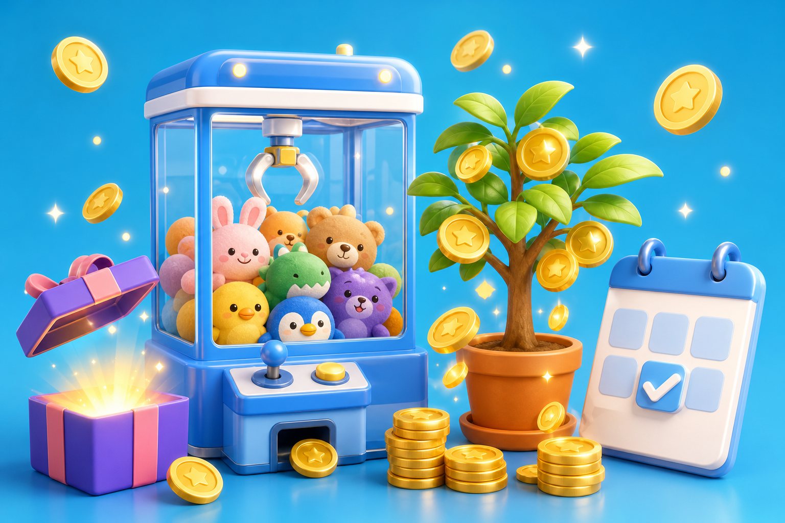Máy gắp thú, cây Xu, hộp quà và lịch điểm danh trên App Chiaki
