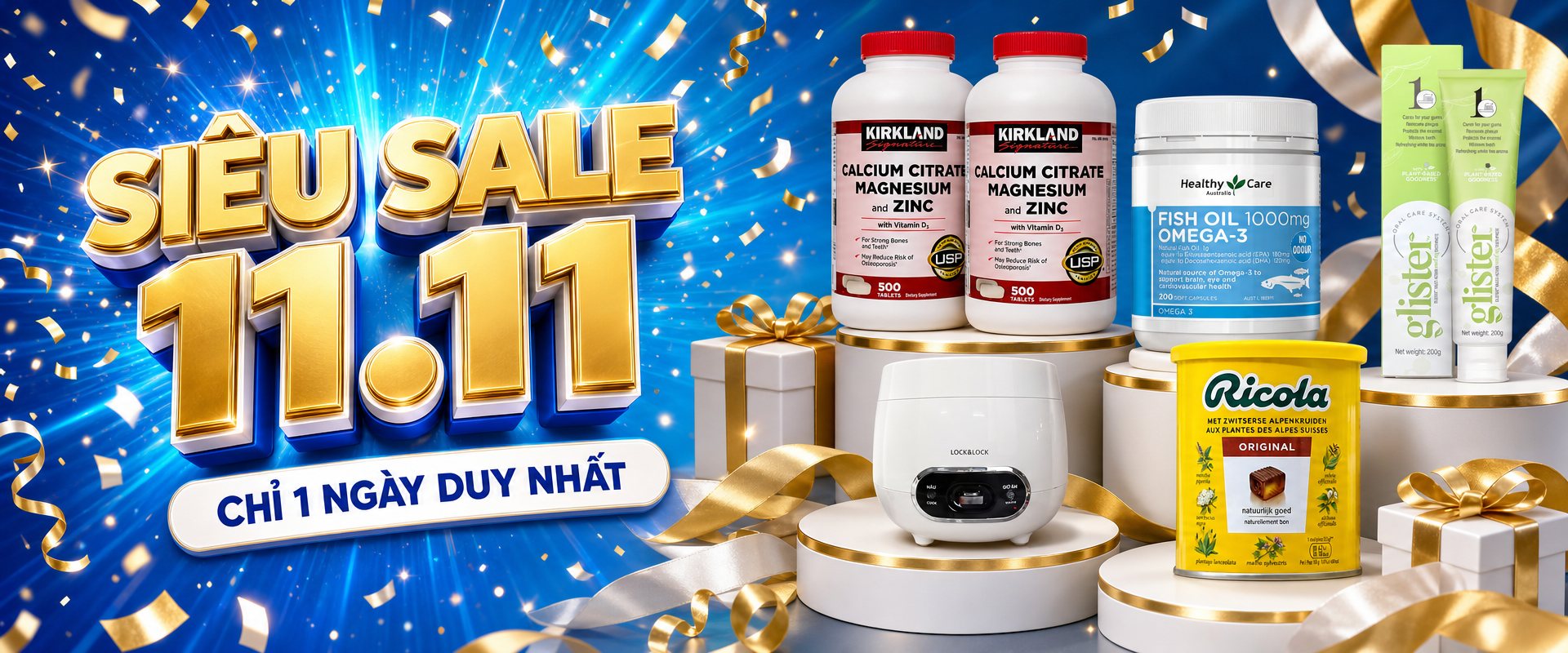 Siêu Sale 11.11 chỉ 1 ngày duy nhất: canxi Kirkland, dầu cá Healthy Care, kem đánh răng Glister, nồi cơm LocknLock và kẹo Ricola trên bục trắng viền vàng