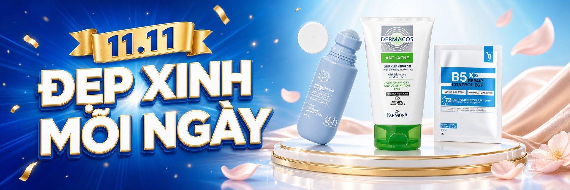 Lăn khử mùi, sữa rửa mặt và mặt nạ trên bục trắng viền vàng, chữ Đẹp xinh mỗi ngày