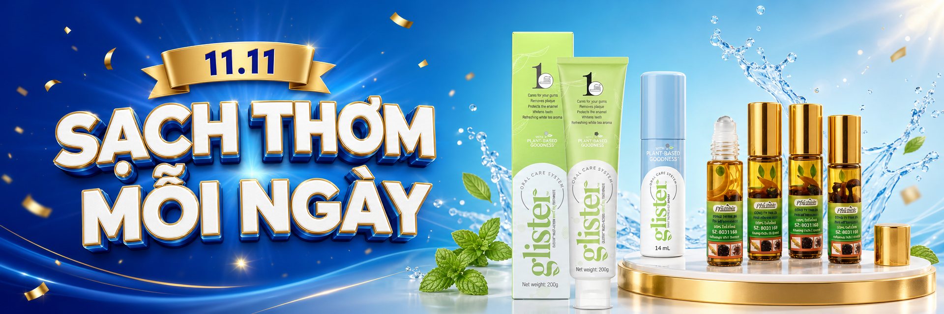 Kem đánh răng Glister, xịt thơm miệng và dầu lăn trên bục vàng, chữ Sạch thơm mỗi ngày