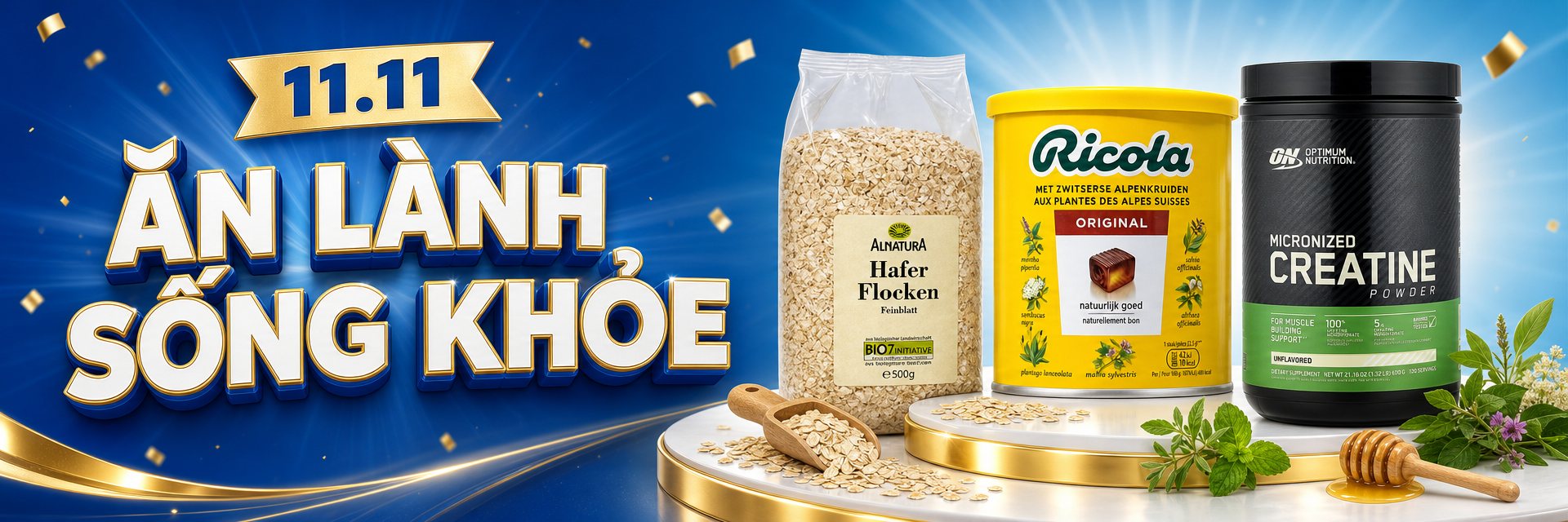 Hộp kẹo Ricola, túi yến mạch và hộp bột trên bục vàng, chữ Ăn lành sống khỏe