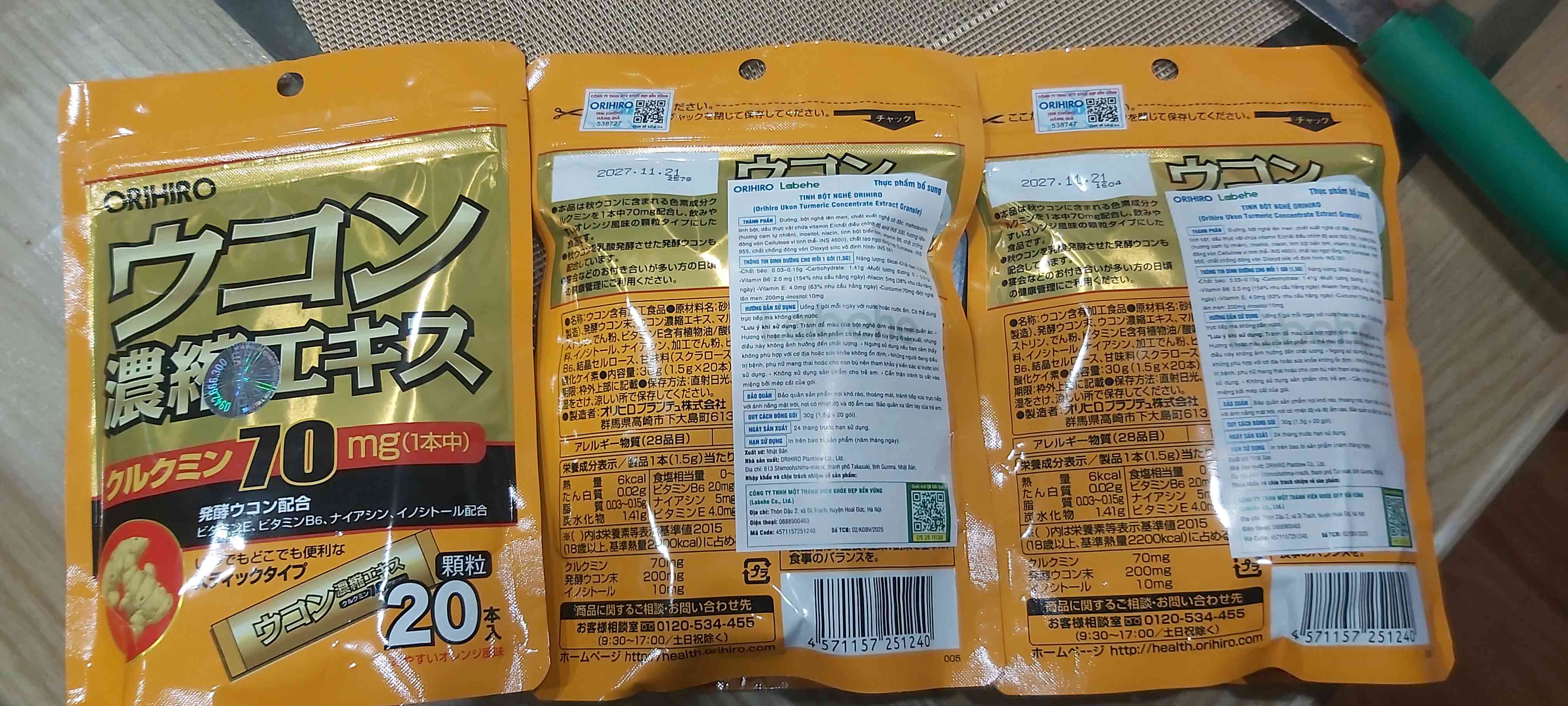 Bột Nghệ Giải Rượu Orihiro Nhật Bản - Hỗ Trợ Giải Độc, Tỉnh Táo Sau Khi Uống Rượu - 20 Gói 70mg