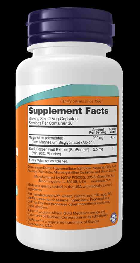 Viên uống bổ sung Magie NOW Magnesium Glycinate - 180 Viên nang thực vật, Hỗ trợ sức khỏe hệ thần kinh, Giảm căng thẳng