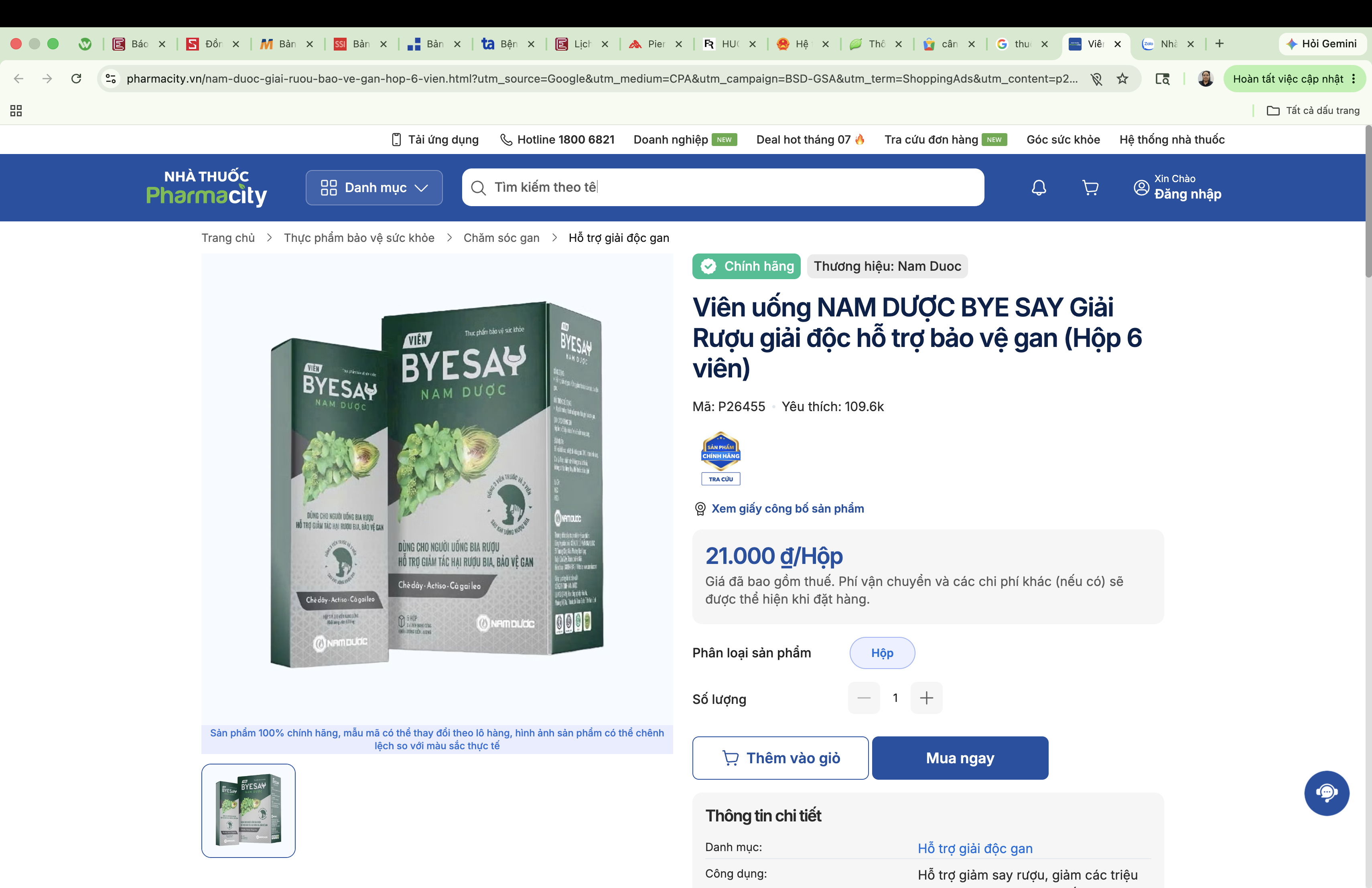 VIÊN BYESAY NAM DƯỢC, 5 hộp x 6 viên hỗ trợ giảm tác hại rượu, bia đến gan 728396