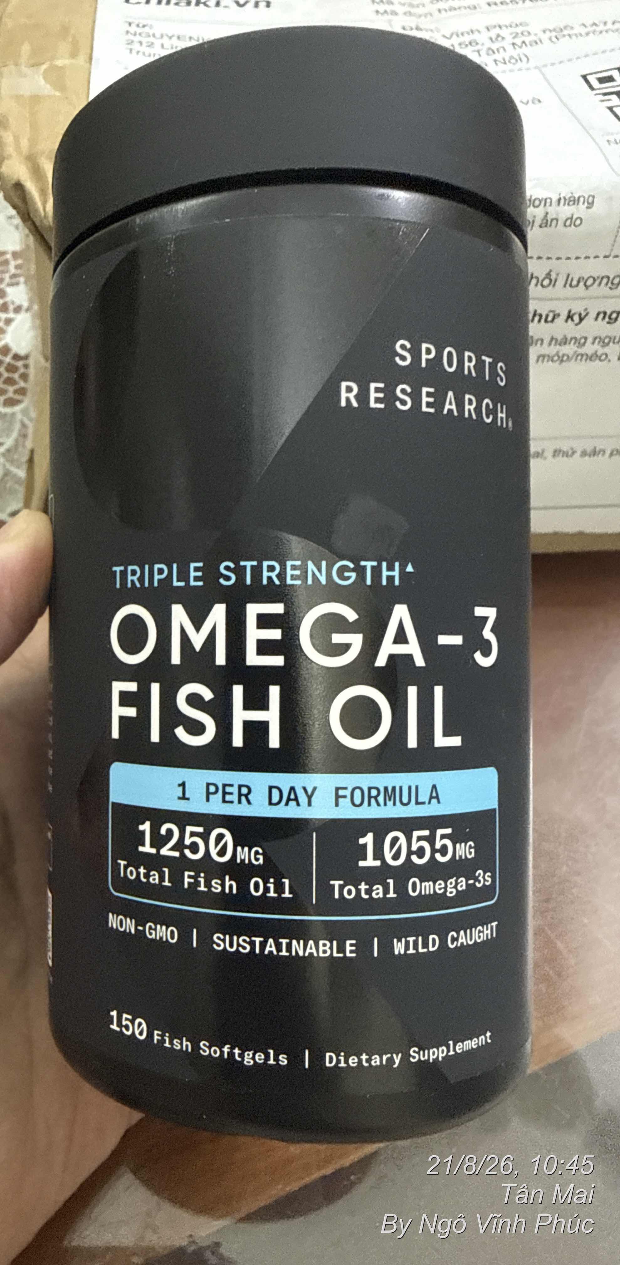 Viên uống Omega 3 Fish Oil Sports Research Triple Strength - Tốt cho tim mạch và hỗ trợ chức năng não bộ 150 viên